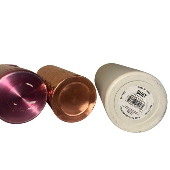 Set Of 3 Water Bottles: Pink Insulated With Flip Lid Copper Hammered White Built - Picture 8 of 12
